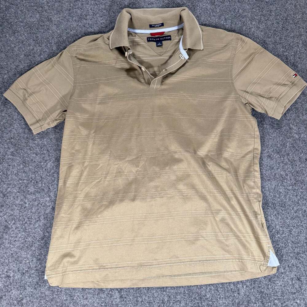 Tommy Hilfiger Men's Mercerized Cotton Striped Polo Shirt - Tan Medium